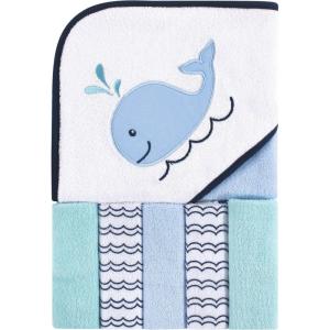 image:imageLuvable Friends Unisex Baby Hooded Towel with Five Washcloths Elephant Spray One SizeBoy Whale