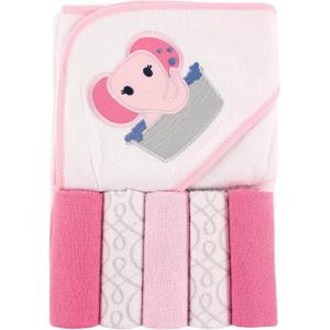 image:imageLuvable Friends Unisex Baby Hooded Towel with Five Washcloths Elephant Spray One SizePink Elephant